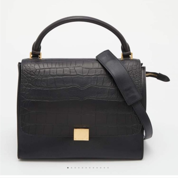 Celine Handbags - Celine Black Croc Embossed Leather and Suede Medium Trapeze Top Handle Bag
